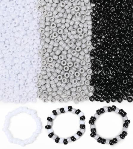 Eppingwin 1000+ pcs Pony Beads Bracelet Beads for Hair Braids Plastic Bead for Bracelets Necklaces Keychains DIY Crafts (Black White Grey)