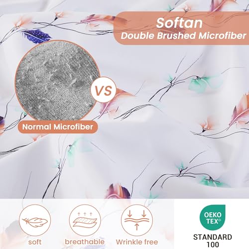 Image of Softan Floral Twin Sheet Set, 3-Piece Cozy Microfiber Pastel Blooms Printed Fitted Bed Sheet with 15 inch Deep Pockets & Non-Slip Straps, Feather Patterned Sheets & Pillowcase Set