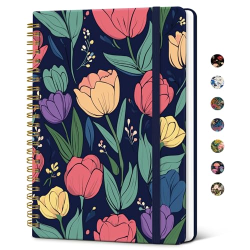 Image of Taja Spiral Lined Journal for Women, Pretty Hardcover Journal Notebook, A5 | Hardcover Design, 6 inch x 8 inch, 140 Pages, for Work, Note Taking & Journal Writing, Colorful Tulips