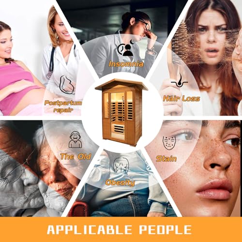 Image of 2 Person Outdoor Sauna Infrared Saunas Dry Sauna Room 120V Red Cedar and Okoume Wood Wooden Sauna Spa 1800W APP Control 7 Color Light 48.8 * 37 * 87.4inch