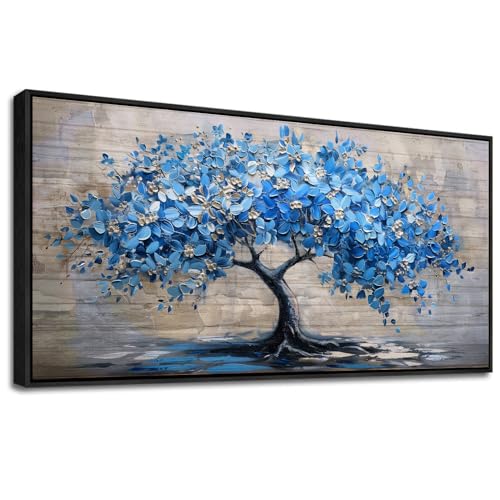 ERQINHUA Large Canvas Wall Art For Living Room Farmhouse Wall Decor For Bedroom Abstract Paintings Blue Tree Wall Pictures Artwork Office Decoration Dormitory Home Decor Black Framed 24x48 Inches