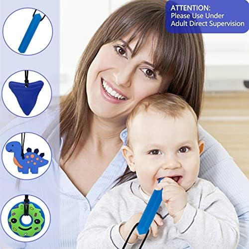 Sensory Chew Necklace for Autism, Teething, Anxiety, Biting Needs, Sore Gums Pain Relief, ADHD, Silicone Chewy Teether Oral Motor Chewing Pendant Toys with Adjustable Buckle for Kids Boys