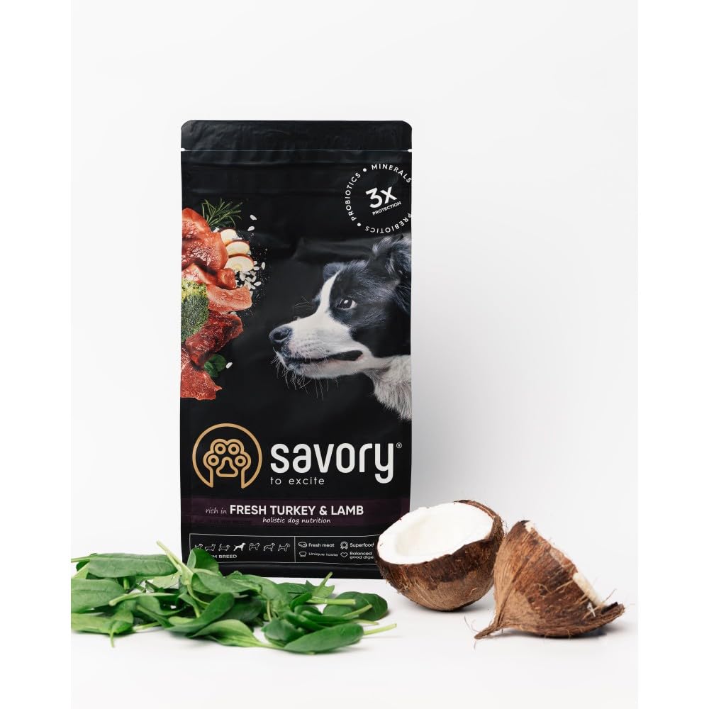 SAVORY Dog Gourmand Fresh - Holistyczna sucha karma dla psów - Mieszanka prebiotyków, probiotyków i minerałów - zdrowa karma - Rasy średnie - Indyk i jagnięcina - 12 kg