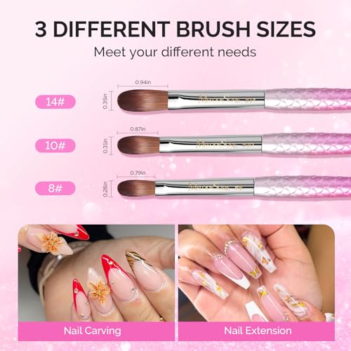 Image of MelodySusie 3Pcs Acrylic Nail Brush Set, Pink-Silver | Size 8 /10 /14 with Brush Holder, Nail Art Brushes for Acrylic Application Powder Nail Extension and 3D Carving