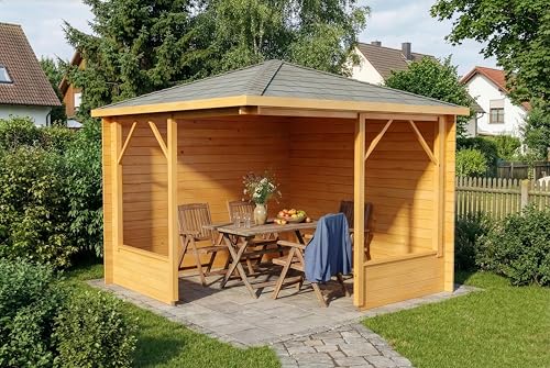 Alpholz 5-Eck Pavillon Maik-28 aus naturbelassenem Holz, 300 x 300cm mit 28 mm Wandstärke