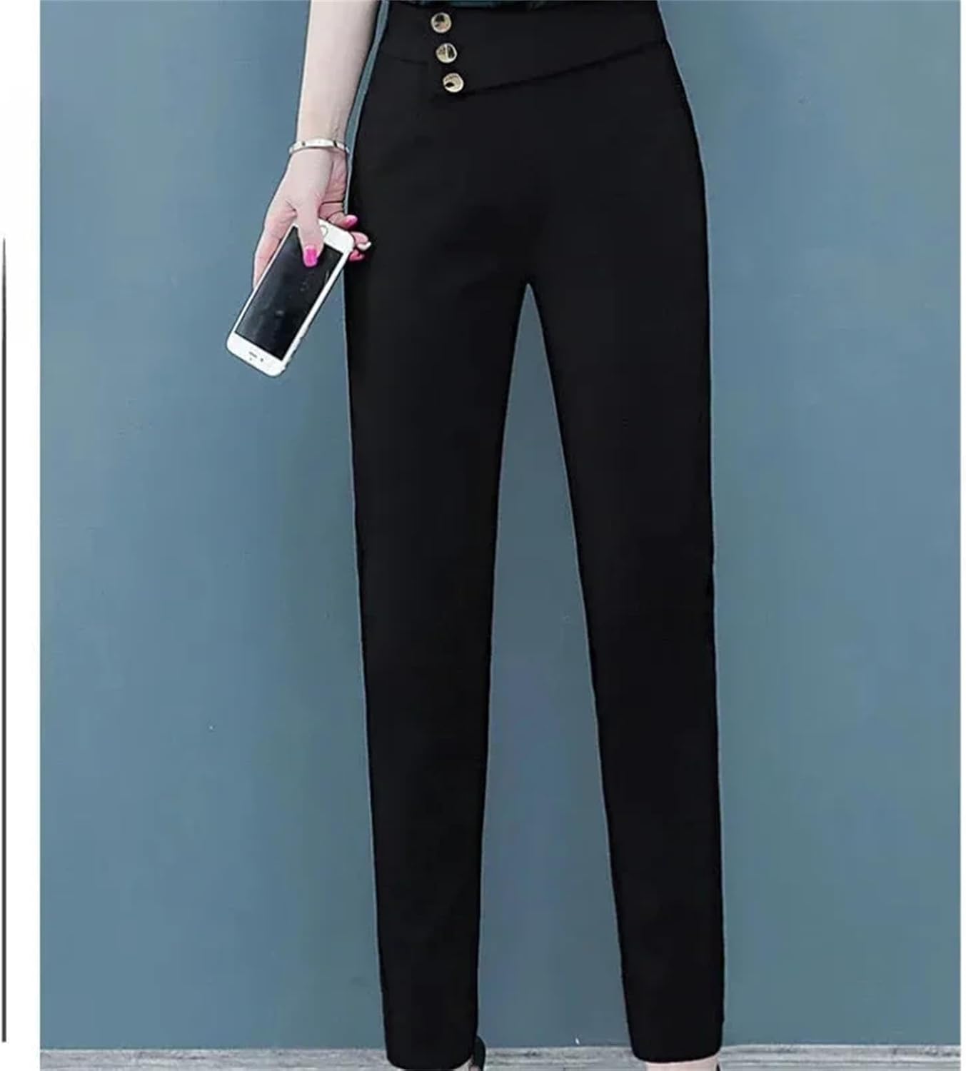 Pencil Trousers Spring Solid Color Button Elastic High Waisted Pockets Casual Women's Clothing Korean Fashion Pants
