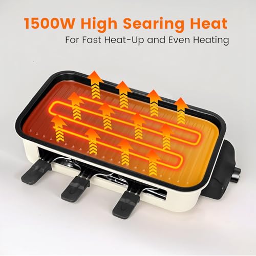 2-in-1 Indoor Smokeless Electric Grill with Raclette Cheese Plates - 1500W Korean BBQ Griddle, 16x9" Nonstick Surface, 3 Raclette Cheese Pans, Dishwasher Safe for Family, Party, Kitchen Use - Image 4