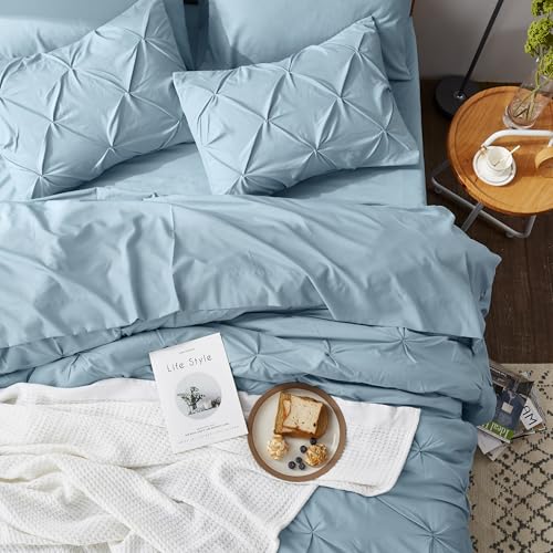 Image of Bedsure Queen Comforter Set Light Blue - Bed in a Bag Queen Size Bedding 7 Pieces, GentleSoft Pintuck Bed Set Gift for Family, All Season Down Alternative Comforter with Sheets, Pillowcases & Shams