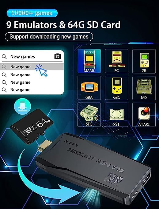 NextTech 4K Ultra HD Video Game Console for TV | Retro Gaming Stick with 10000+ Classic Games | HDMI Plug & Play | Dual 2.4G Wireless Controllers | Portable Gaming Device for Kids & Adults 1