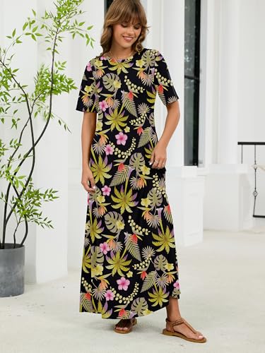 KORSIS Women's Maxi Dresses Mid Sleeve Flowy Summer Fall Winter T-Shirt Cocktail Long Dress Loose Fit Layering Sundress with Pockets Tropical Leaves X-Large — view 2