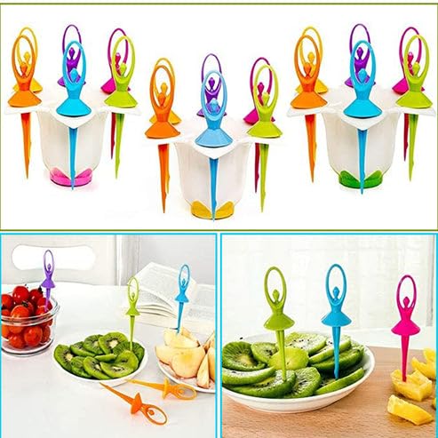 Image of Dancing Doll Fruit Fork Cutlery Set with Stand, Multicolor | Fun & Practical | Reusable & Easy to Use | Pack of 6