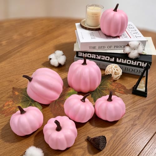 Image of Ghrdopy 7 Pcs Pink Fake Pumpkins for Thanksgiving Table Centerpiece | Foam Pink Artificial Pumpkins Decor for Fall, Halloween Dining Table & Indoor Autumn Farmhouse Decoration