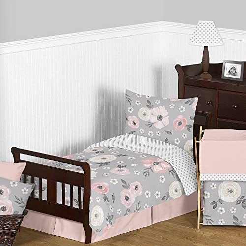5 Piece Gray White Blush Toddler Comforter |Gorgeous Sophisticated Floral Polka Dot Rose Flower Elegant Shabby Chic Bedding |Bohemian Eclectic Cute Farmhouse Artistic Hand Painted Water Color Kids