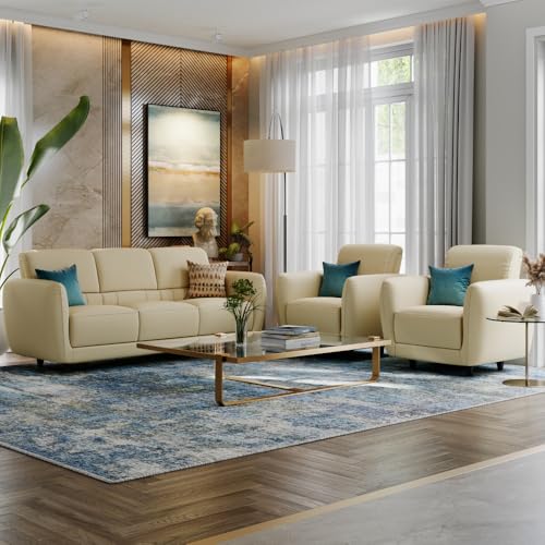 Image of Wakefit Sofa Set | 5 Year Warranty | Sofa 5 Seater, 5 Seater Sofa for Living Room, Wooden Sofa Set, Sofa Set 3+1+1 Seater - Solomon(Robin : Beige)