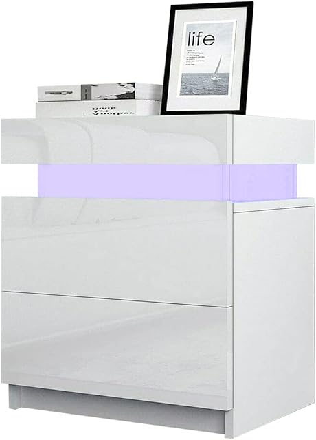 TUKAILAi White Bedside Table with LED Light, 2 Drawers and High Gloss Chest of Drawers Nightstand Bedside Cabinet Table for Bedroom Living Room