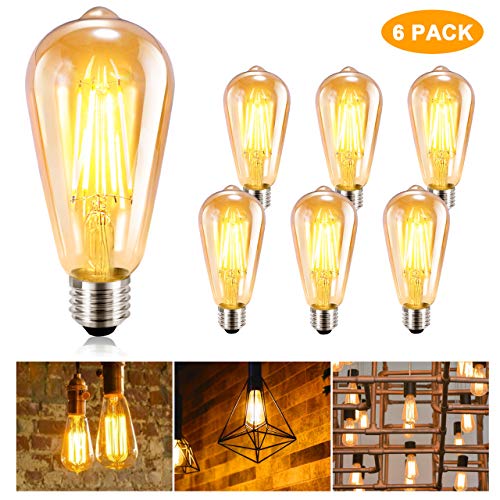 Ampoule LED Edison GolWof Lot de 6 Ampoule Edison Vintage E27 ST64 6W 2500K 600 Lumes Ampoule Rétro Ampoule Filament Lampe Décorative pour Maison Restaurant Café - Blanc Chaud