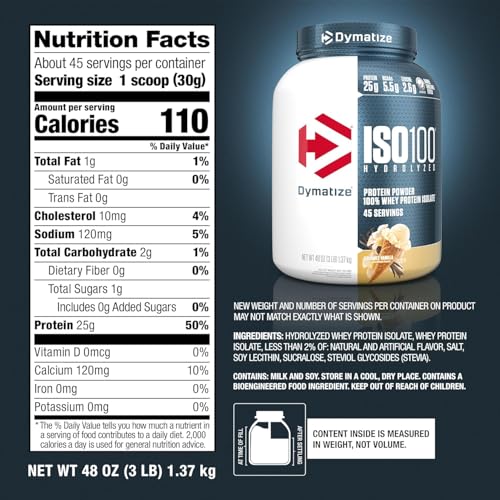 Image of Dymatize ISO100 Whey Protein Powder Isolate, Gourmet Vanilla, 25g of Protein, 3 Pound, 5.5g BCAAs, Less Than 120 Cal., Gluten Free, 1g Fat, 1g Sugar, 2g Carb