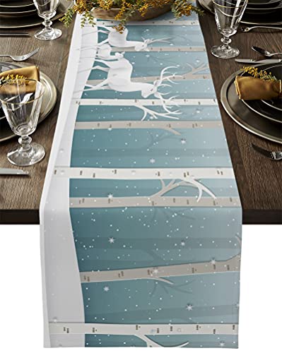 PIEPLE Christmas Table Runner-Cotton Linen-Winter Dinner Scarf Décor,Long 72 Inch Holiday Forest Reindeer Dresser Scarves,Farmhouse Xmas Tablerunner for Kitchen Coffee/Dining Bedroom Home Living Room