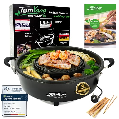 TomYang Hot Pot Set ink.Kochbuch für den Original Thai Grill & Hotpot 4 Grillzangen Elektrischer Hotpot mit schneller Aufheizzeit Korean BBQ Grill Mookata mehr als 100 Anleitungsvideos