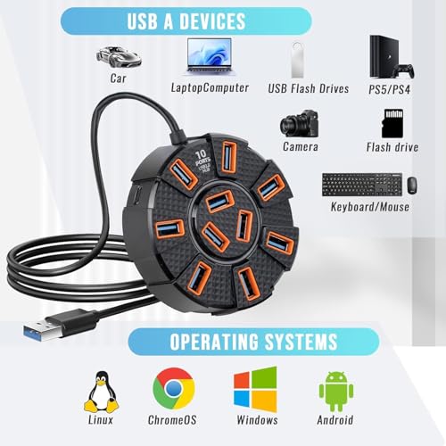 Image of 10 Port USB 2.0 HUB with Power /Data Port, 5gbps Hi-Speed Data Transfer, Plug and Play, USB Charging Docking Station Gaming Hub for Laptop, Computer (Round)