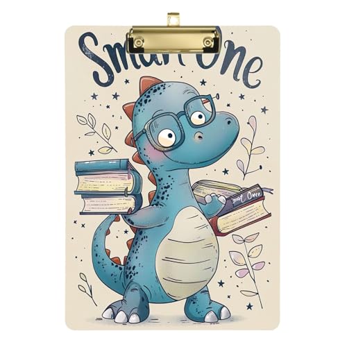 かわいいブルーの恐竜メガネ 薄型クリップボード 教室、レストラン、格納式吊り下げタブ、両面プリント 12.5インチ x 9インチ