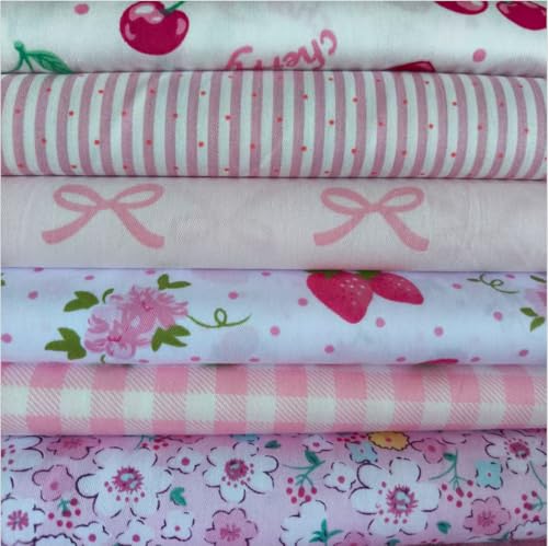 Image of Cotton Fabric DIY Making Supplies Quilting Patchwork Fabric Fat Quarter Bundles DIY for Quilting Cotton Patchwork Cushions (6pcs Strawberry, 9.8 inch x 9.8 inch)