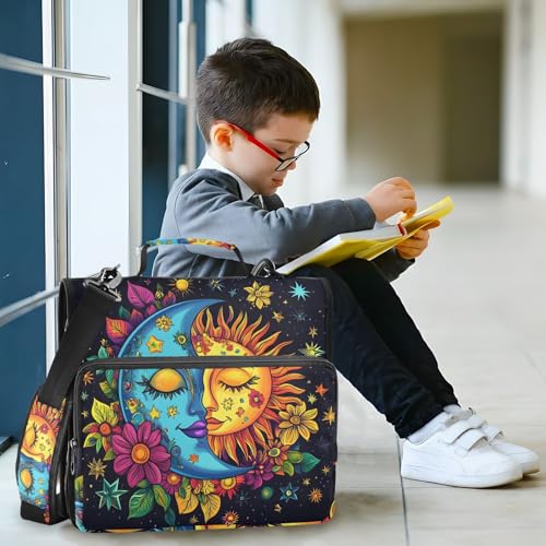 Image of 3 Ring Zipper Binder with Shoulder Strap Colorful Moon Sun Astrology 1.5 inch Binders Keeper Large Capacity Multi Pockets for School Office Supplies