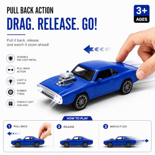 Image of 1970 Dodge Charger Fast & Furious - 1:36 Scale Die-Cast Alloy Toy Car for Kids | Pull-Back Model with Openable Doors, LED Lights & Engine Sounds (Blue)