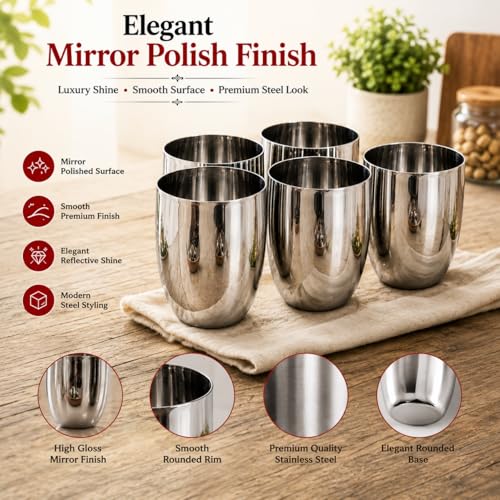 Image of Ajay's Shoppe Stainless Steel Drinking Glass Set of 6, 350 ml, 10 x 8 cm, Kullad Shape Steel Tumblers for Water, Juice & Lassi, Food Grade, Rust-Resistant