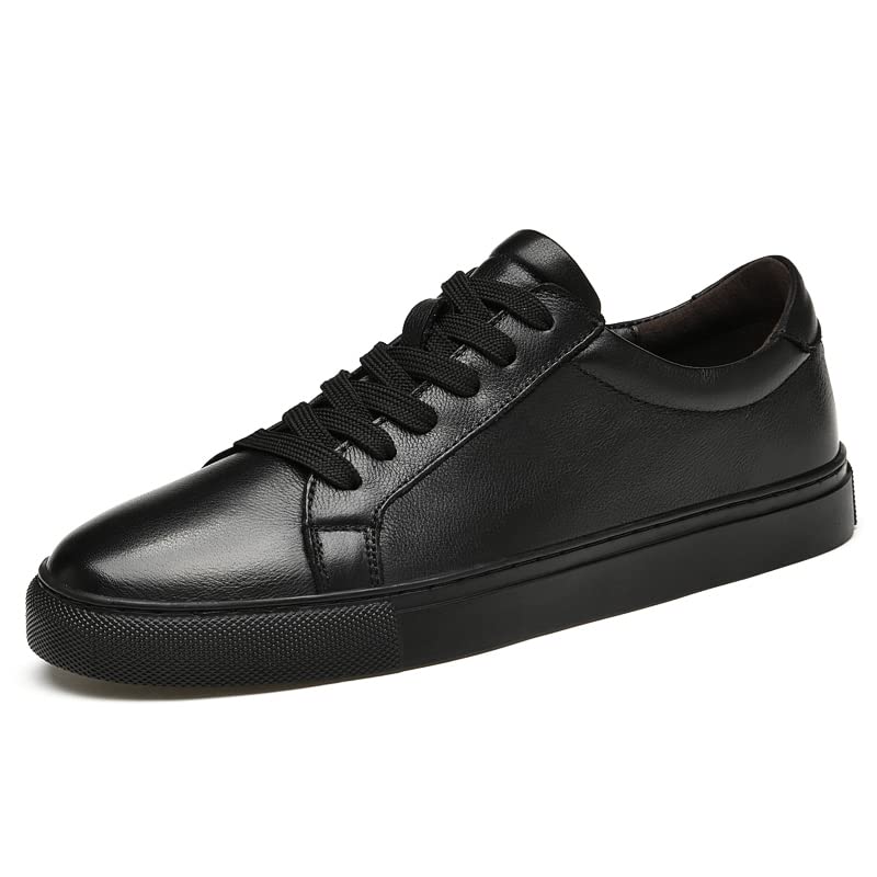 Men's Genuine Leather Sneakers, Casual Flat Skateboarding Shoes, Black, Large Sizes