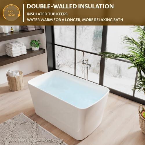 Image of Acrylic Freestanding Bathtub, Soaking Tub with Seat, Toe-Tap Drain, Slotted Overflow, Deep Ergonomic Design, cUPC Certified, Glossy White, 49 inch