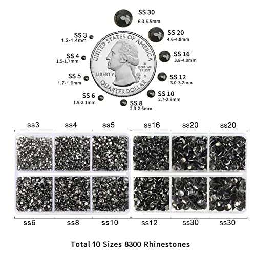 Image of Beadsland 8300PCS Flatback Rhinestones, Gray Rhinestone Round Crystal Rhinestones for Crafts, Mixed 10 Sizes with Wax Pencil and Tweezer Kit, SS3-SS30, Black Diamond