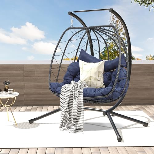DWVO Doule Egg Hanging Swing Chair with Stand Egg Chair Wicker Indoor Outdoor Hammock Egg Chair with Cushions 500lbs for Patio, Bedroom, Garden and Balcony, Blue