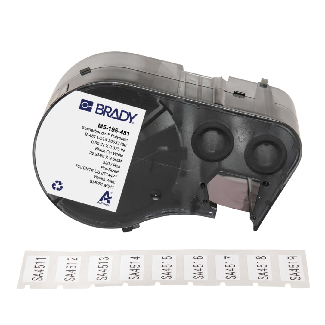 Brady StainerBondz™ Polyester Pre-Sized Labels for Label Printer BMP51/BMP53/M511-320 Self Adhesive Printer Labels - Black on White (25,40 mm (W) x 9,53 mm (H)) - M5-195-481
