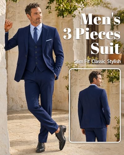 Image of MY'S Men's 3 Piece Suit Set with Tie, One Button Slim Fit Solid Jacket Vest Pants, Prom Party Wedding Business Suits for Men