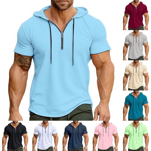 Mens Hipster Hip Hop Hoodie Workout Gym Sweatshirt Zip Up Short Sleeve Athletic Muscle T-Shirts Casual Cotton Hooded Pullover 5