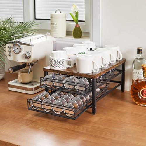 IBUYKE-2-Tier-Coffee-Pod-Drawer-Holder-for-Nespresso-Capsule-Pods-Storage-Organizer-Compact-Under-Coffee-Pot-Storage-Drawer-Slim-Home-Kitchen-Counter-Organizer-TCJ102H-Rustic-Brown IBUYKE 2 Tier Coffee Pod Drawer Holder for Nespresso Capsule Pods Storage Organizer Compact Under Coffee Pot Storage Drawer Slim Home Kitchen Counter Organizer TCJ102H Rustic Brown