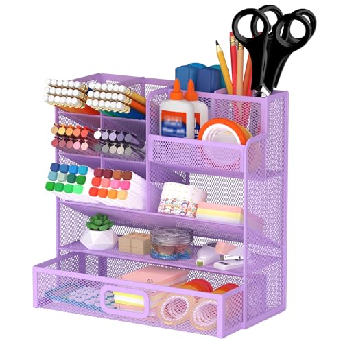 ReePlan Organizador de escritorio de malla de red, tarro de lápices de pared multifuncional con cajón, organizador de escritorio y almacenamiento para material escolar, hogar y arte (púrpura)