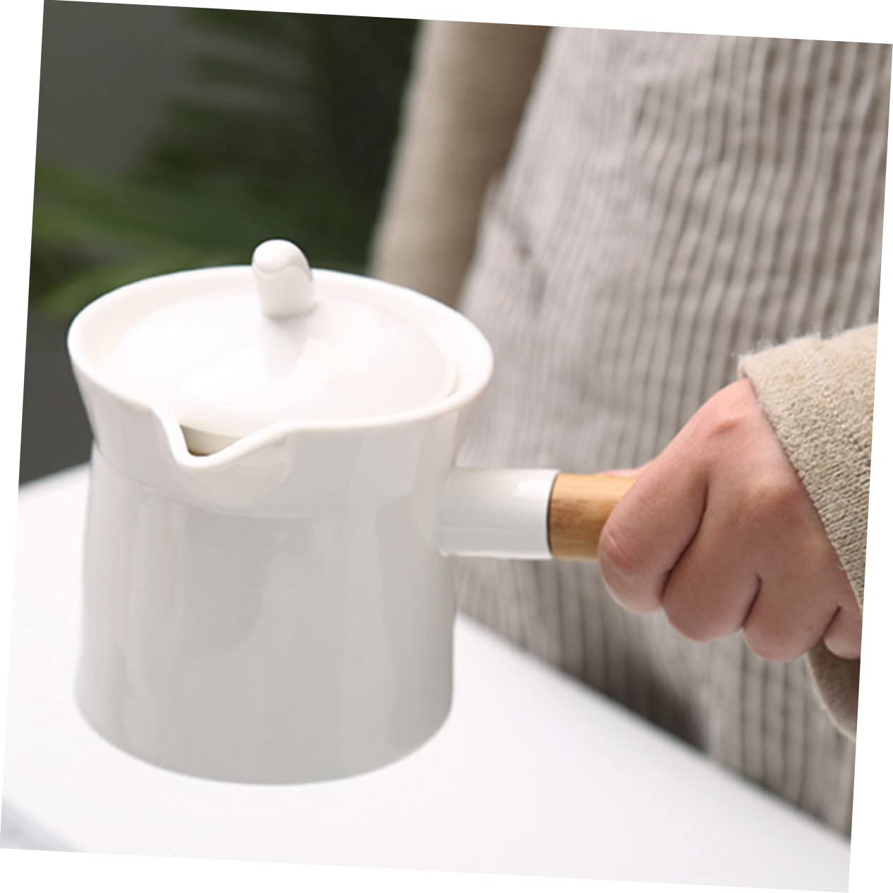 Sartén de cerámica con mango de madera, recipiente de té de vidrio con tapas, hervidor de té para estufa, olla pequeña con tapa, cuchara para servir, olla de leche para el hogar, mini calentador de