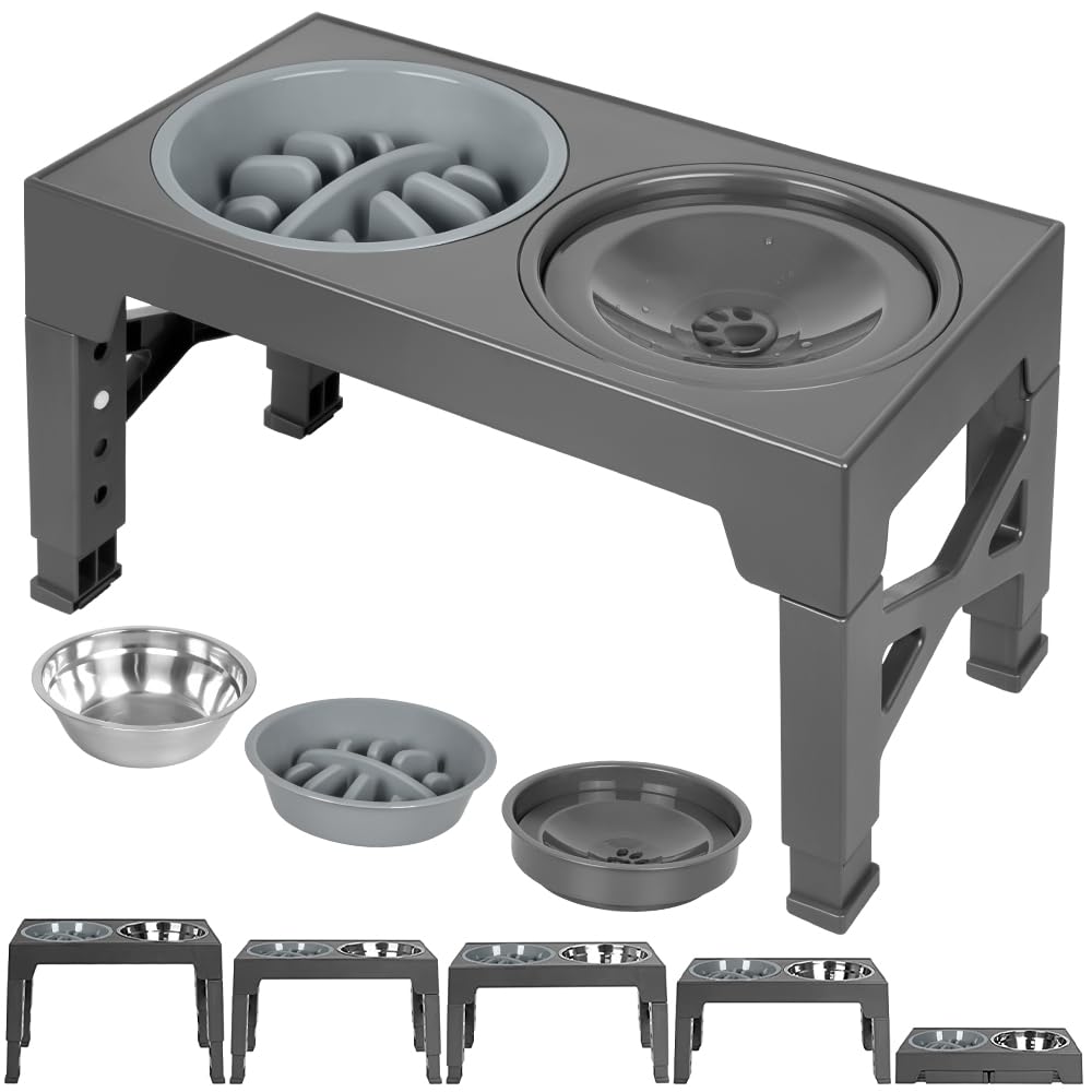 TOOGE 3-in-1 Elevated Slow Feeder Dog Bowls with No Spill Dog Water Bowl + Stainless Steel Dog Food Bowl, Raised Dog Bowl Stand 5 Height Adjustable for Small Medium Large Dogs Grey