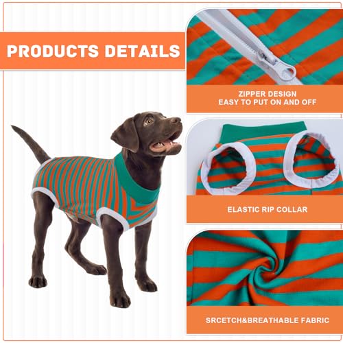 Image of BRKURLEG Small Dog Recovery Suit After Surgery, Abdominal Wound Protection, Back Zipper Spay Recovery Suit for Dogs & Cats, Soft Anti-Licking Puppy Onesie, Cone Alternative, Orange Green Stripes XXL