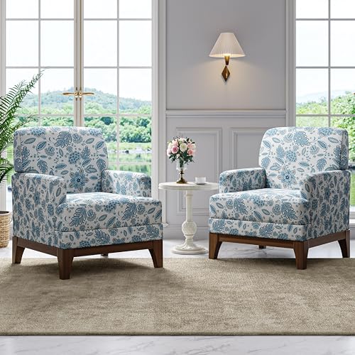 zzlay Floral Accent Chair Set of 2, Upholstered Armchair with Solid Leg, Comfy Reading Single Sofa with Spring-Padded Cushion for Bedroom, Blue