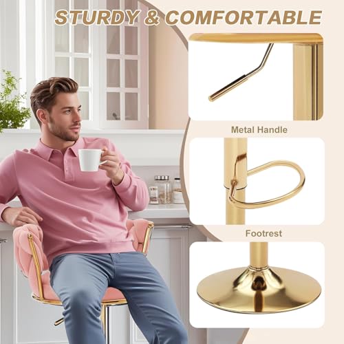 Butaco ajustable de altura, con respaldo bajo y reposapiés, giro de 360°, tapizado en terciopelo rosa con base y patas metálicas doradas, para barra, isla de cocina o pub miniatura 4