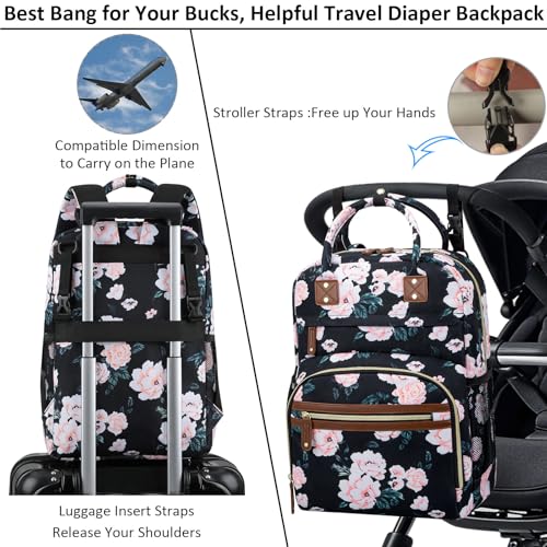 Image of Tenot Diaper Bag Backpack Tote for Women Large Capacity with Insulated Pockets Multifunctional Diaper Bags For Baby Girl Boy Waterproof Baby Bags, Maternity Bag Black Pink Floral