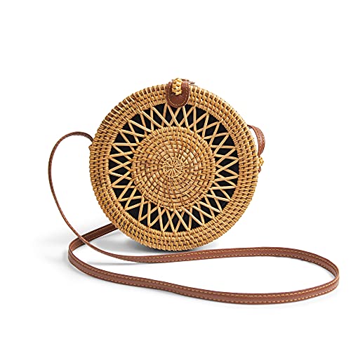 Titi Fashion rattan handbag, rustic handwoven round crossbody handbag for women,7.9' honey brown Coin and Zigzac pattern, boho chic style, beach bag, daily use, night out parties (Zigzac pattern)
