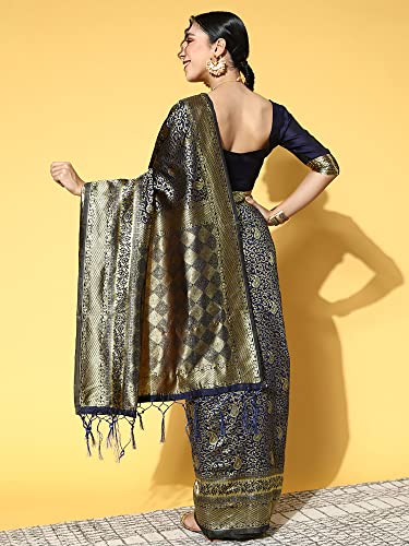 Image of AKHILAM Women's Geometric Banarasi Silk Zari Saree With Unstitched Blouse Piece (Dark Blue RR0TOSH9103)