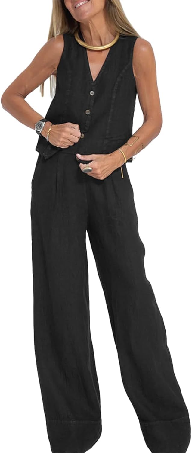 Conjunto de 2 piezas para mujer, cuello en V, sin mangas, con botones, pantalones de pierna ancha, traje de 2 piezas, conjunto de lino a juego de verano