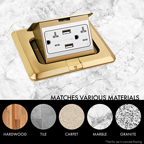 Enerlites Pop-Up Square Floor Box Kit, 5.0” X 5.5”, 2.1A Usb Charging, 20A Tamper-Resistant Receptacle, Watertight Gasket And Corrosive Resistant Hardware, 961243-C-Usb, Brass Cover #TOP4