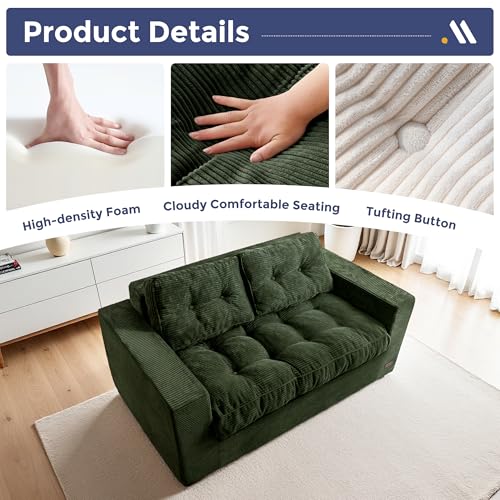 Image of MAXYOYO Loveseat Sofa Couch, Upholstered Bean Bag Chair Cloud Seat for Adults, Boneless Couch with Cushion & Pillows, Sofa in A Box, No Assembly Required, Corded Dark Green, 2-Seat