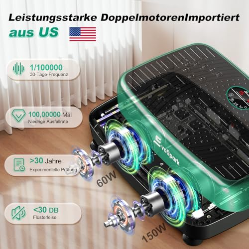 Vibrationsplatte, EvoSpark Vibrationsplatte Testsieger 2025 Verbesserte mit Doppelmotoren für Abnehmen, Ganzkörpertraining - Massagegerät, 450 LBS Power Vibration Plate für Home Workout（Grün）